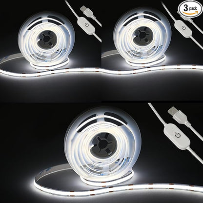 Led Strip Lights 5V USB 6.56ft/2m 640 LEDs Touch stepless Dimmable USB COB LED Strip Light 6500K White 10W Flexible 5v led for Bedroom Kitchen,Room Decor,3D Printing Lighting (3Pack)