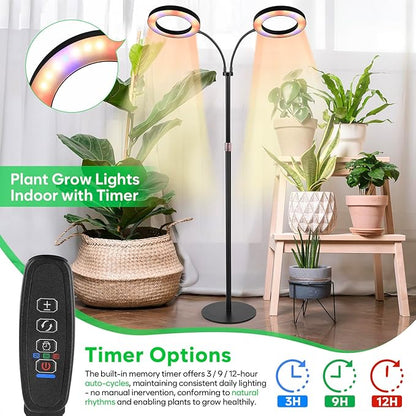 Dual-Head Grow Lights for Indoor Plants, LED Full Spectrum Floor Plant Lamp with Timer 3/9/12H, Height Adjustable 23"-67" Standing Grow Light for Large Tall Plants, 10 Brightness & Flexible Gooseneck