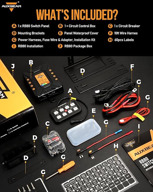 Auxbeam 8 Gang Switch Panel RB80 Toggle Momentary Pulsed RGB Dimmable Switch Panel Multifunction Panel Two Sided Output Marine Switch Panel IP65 Waterproof for Car Boat RV, 3 Years Warranty