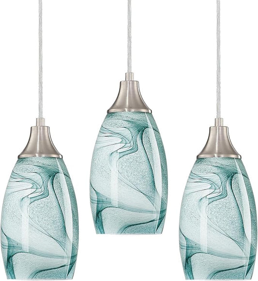 karyfine Mini Pendant Lights Kitchen Island Light Brown Glass Lamp Shade Hand Blown Glass Pendant Light with Brush Nickel Finish Adjustable Cord for Kitchen Over Sink (Green Marble-3Packs)