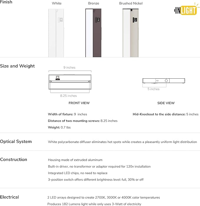 GETINLIGHT 9-inch 3 Color Levels LED Under Cabinet Lighting, Hardwired or Plugged-in, Selectable White 2700K/3000K/4000K, Dimmable, Bronze Finished, IN-0210-0-BZ