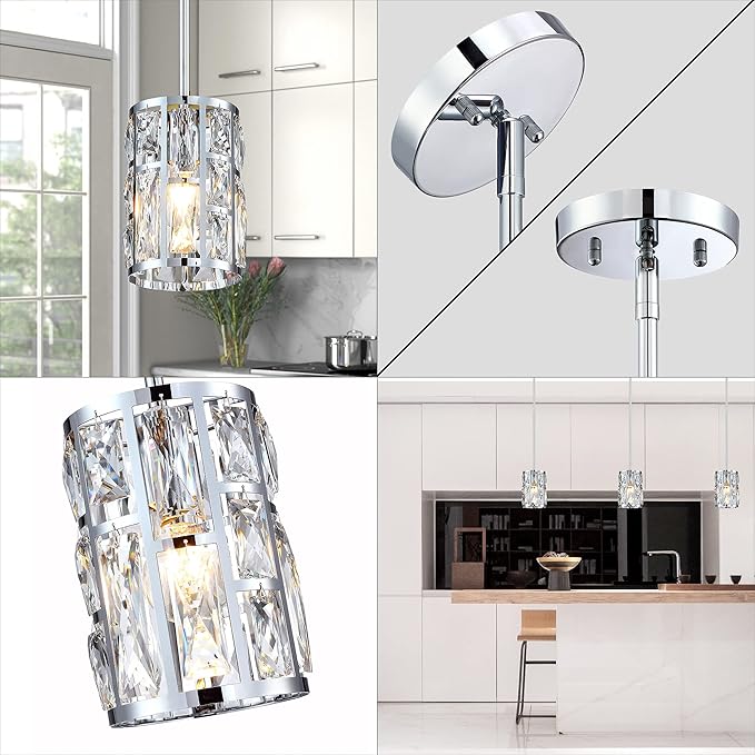 MEXO Modern Crystal Pendant Light Fixture 3-Pack Chrome Finish Hanging Lighting Crystal Chandelier for Kitchen Island