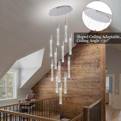 12-Lights High Ceiling Crystal Chandelier, Modern Large LED Raindrop Pendant Light Fixture 98.5" H Flush Mount Chandelier Chrome for Foyer Staircase Villa Living Room