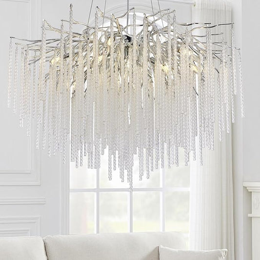 Crystal Chandelier Modern Contemporary Chandelier Ceiling Light Fixture, D23.64 Tree Branch Chandeliers for Dining Room Kitchen Island Living Room Foyer 8-Light (Silver)