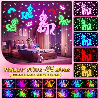 COOLNIGHT Unicorn Night Light Star Projector for Kids, 3 Films+93 Colors Kids Projector Night Light,360° Rotating All Night, Remote+Dimmable+Timer,3 Year Old Girl Gifts,4 Year Old Girl Birthday Gifts