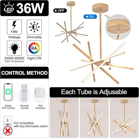 Modern Wood Grain Chandeliers Ceiling LED Pendant Light Embedded Mount Chandeliers,LED 6-Lights Linear Pendant Light for Kitchen Island Dining Room Bedroom Living Room Entryway,L23.62"*0.59"/6