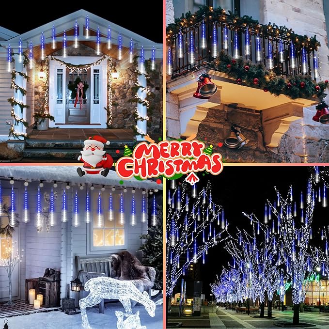 KNONEW 2Pack Total 48 Tube Meteor Shower Lights,15 in 672 LEDs Christmas Lights Outdoor Waterproof Plug in Falling Rain Light for Xmas Tree Wedding Party Garden Decorations (Blue and Cool White)
