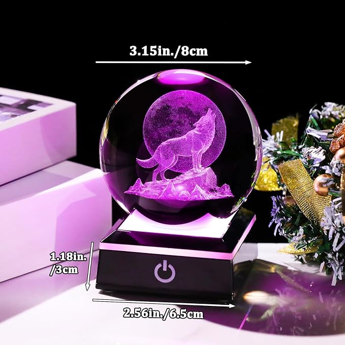 Arikyrist 3D Moon Wolf Crystal Ball Figurine with Colorful LED Base, Laser Wolf Gifts for Women Men Wolves Lovers, Wolf Statue Glass Animal Decorative Ball for Christmas Birthday Home Decor (80mm)