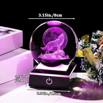 Arikyrist 3D Moon Wolf Crystal Ball Figurine with Colorful LED Base, Laser Wolf Gifts for Women Men Wolves Lovers, Wolf Statue Glass Animal Decorative Ball for Christmas Birthday Home Decor (80mm)