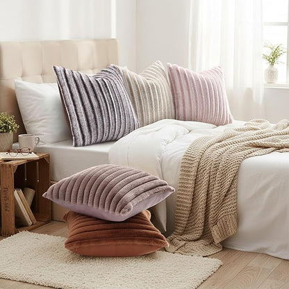 decorUhome Summer Cozy Faux Fur Throw Pillow Covers 16x16 Set of 2 Decorative Soft Plush Striped Modern Farmhouse Boho Couch Pillow Cases with Velvet Back for Sofa Bed Living Room, Beige White