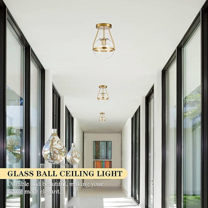 Bagood 6" Globe Semi Flush Mount Ceiling Light Fixture Modern Gold Semi Flush Mount Ceiling Light Mid Century Ceiling Light with Clear Glass Shade Brass Finish for Hallway Bathroom Foyer (Bulb Incl.)