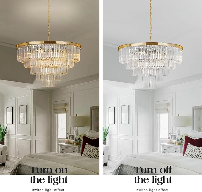Gold Plated Modern Crystal Chandeliers Lighting Contemporary Pendant Chandelier Ceiling Lamp Lights Fixture 5-Tier (10 Lights) for Dining Living Room Entryway W28 Inch