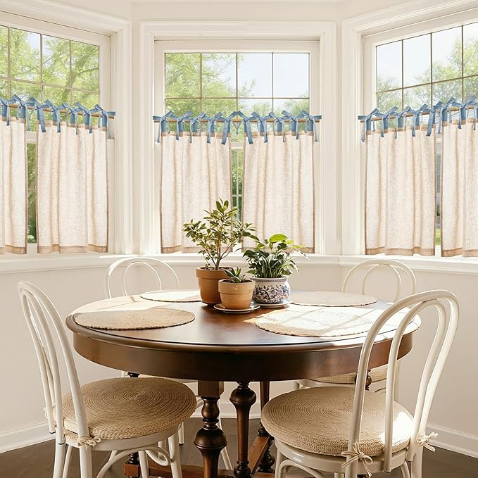jinchan Linen Tie Top Curtains 36 Inch Length Farmhouse Cafe Curtains Set of 2 for Bedroom Bathroom Rustic Small Windows Light Filtering Crude Panels with Blue Ties