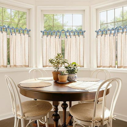 jinchan Linen Tie Top Curtains 36 Inch Length Farmhouse Cafe Curtains Set of 2 for Bedroom Bathroom Rustic Small Windows Light Filtering Crude Panels with Blue Ties