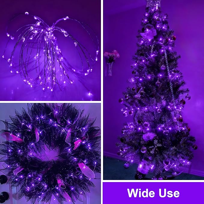 QITONG Solar Fairy Lights Outdoor Waterproof, 2 Pack Each 66ft 200 LED Purple Christmas String Lights, Silver Wire Twinkle Mini Lights with 8 Modes