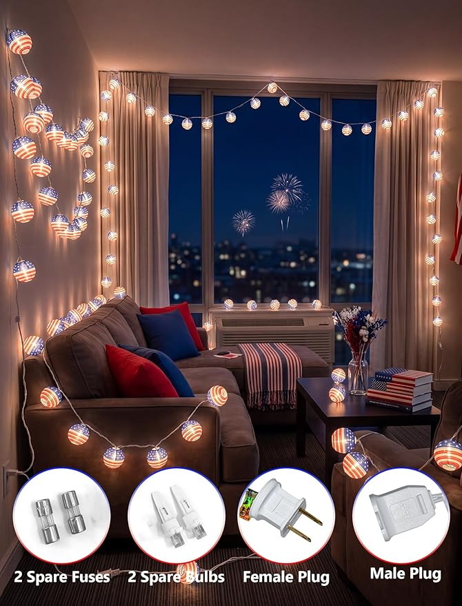American Flag Lantern Lights Plug in, 8.5Ft 4th of July Decorations String Lights with 10 Mini USA Flag Lantern Lights, Hanging Indoor String Lights for Outdoor Independence Day Patriotic Party Decor
