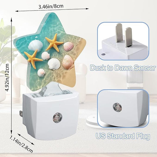 Night Light,Starfish Shell Plug into Wall with Dusk to Dawn Light Sensors,Summer Coastal Beach Warm Star Nightlights for Bedroom,Bathroom,Hallway,Kitchen Home Decor Desk Lamp