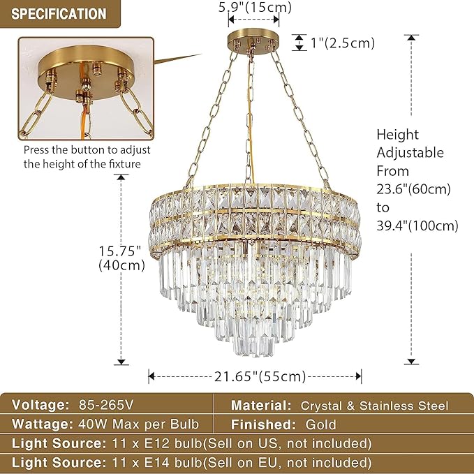 Modern Crystal Chandelier Gold Finish Light Fixture, Round Crystal Pendant Light Hanging Lamp, for Living Room, Dining Room, Restaurant, E12 x 11, Ø21.5 inch(V Shape)