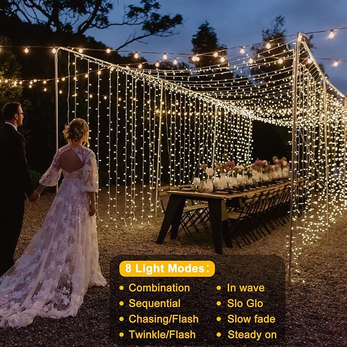 Battery Operated Curtain Lights,9.8ft×9.8ft 300 LED Curtain Lights with Remote Timer 8 Modes, Waterproof Hanging Fairy Lights for Outdoor Indoor Wedding Christmas Decor (Warm White)