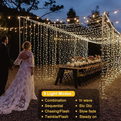 Battery Operated Curtain Lights,9.8ft×9.8ft 300 LED Curtain Lights with Remote Timer 8 Modes, Waterproof Hanging Fairy Lights for Outdoor Indoor Wedding Christmas Decor (Warm White)
