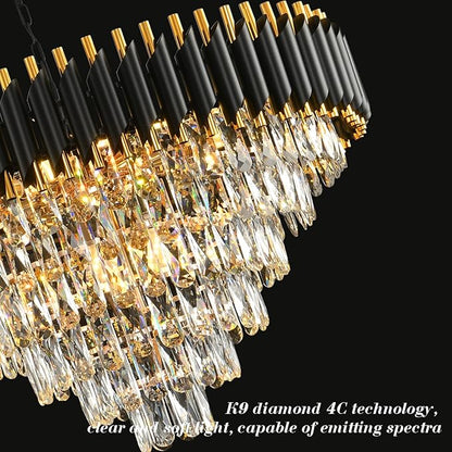 Modern Crystal Chandeliers for Dining Room Living Room 15-Light Black and Gold Chandelier Round 6 Tiers Large Contemporary Pendant Ceiling Hanging Light Fixture for Entryway Foyer Staircase W29”