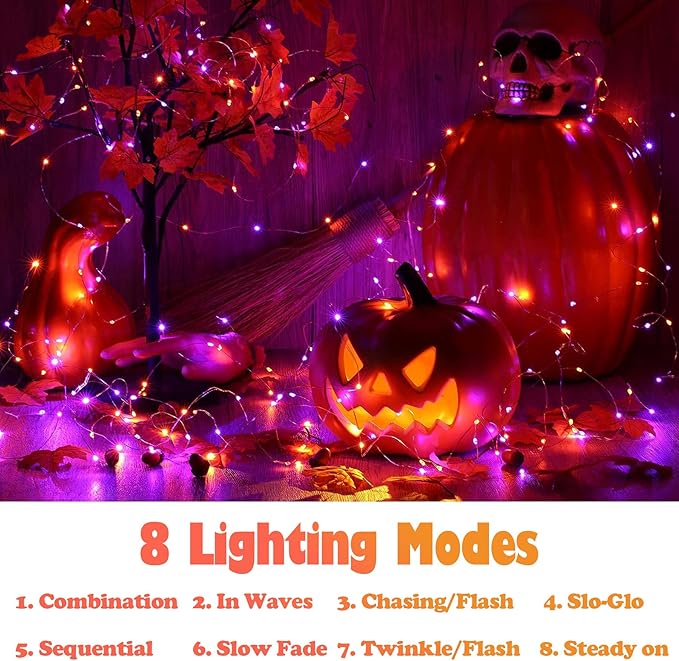 Halloween Solar Fairy Lights Outdoor Waterproof Copper Wire Orange Purple String Lights 2 Pack 33FT 100LED for Christmas Party Decoration Easter Wedding Terrace Yard Tree Garden Patio
