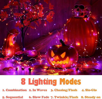 Halloween Solar Fairy Lights Outdoor Waterproof Copper Wire Orange Purple String Lights 2 Pack 33FT 100LED for Christmas Party Decoration Easter Wedding Terrace Yard Tree Garden Patio