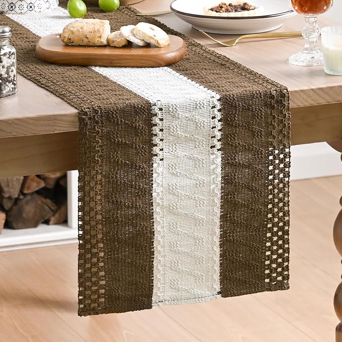 Artoid Mode Light Coffee Farmhouse Rustic Table Runner, Seasonal Hollow Kitchen Dining Table Decoration for Home Party Decor 12x108 Inch