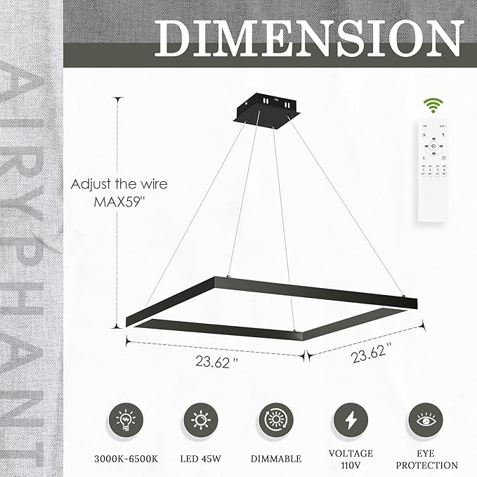 Modern 24" Square LED Chandelier, Black Linear LED Chandelier for Dining Room Dimmable Flush Mount Pendant Light for Living Room Kitchen Office, 3000-6500K