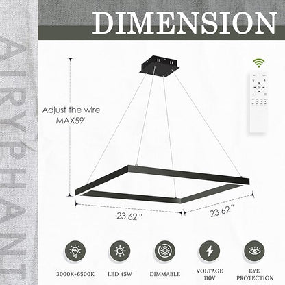 Modern 24" Square LED Chandelier, Black Linear LED Chandelier for Dining Room Dimmable Flush Mount Pendant Light for Living Room Kitchen Office, 3000-6500K