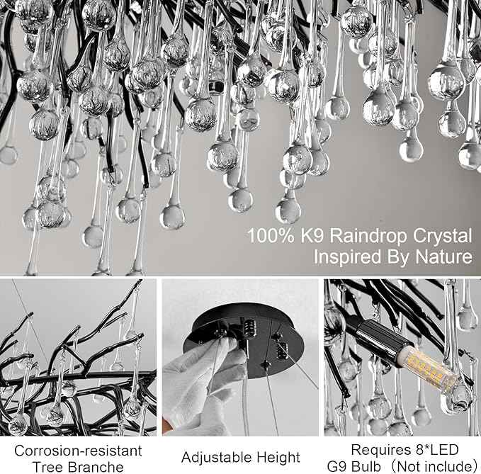 23.6in Black Crystal Chandelier, Modern Tree Branch Chandeliers for Dining Room, 8-Light Farmhouse Chandelier Light Fixture for Living Room,Kitchen Island Foyer