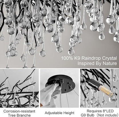 23.6in Black Crystal Chandelier, Modern Tree Branch Chandeliers for Dining Room, 8-Light Farmhouse Chandelier Light Fixture for Living Room,Kitchen Island Foyer
