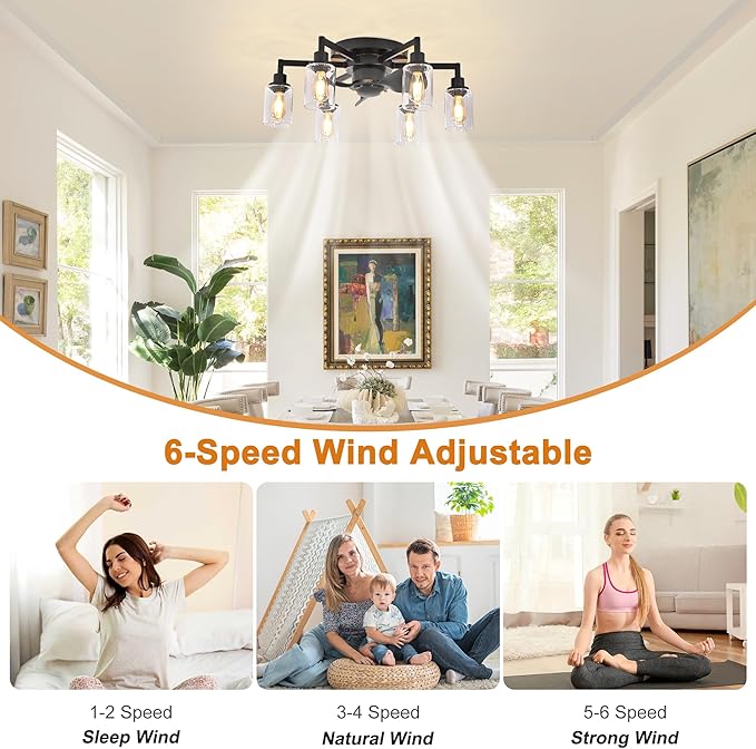 Garwarm 26.4" Ceiling Fans with Lights, Black Flush Mount Ceiling Fan with Lights Remote Control,Low Profile Bladeless Ceiling Fan Light Fixture for Bedroom, Kitchen, Dining Room