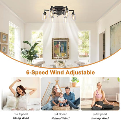Garwarm 26.4" Ceiling Fans with Lights, Black Flush Mount Ceiling Fan with Lights Remote Control,Low Profile Bladeless Ceiling Fan Light Fixture for Bedroom, Kitchen, Dining Room