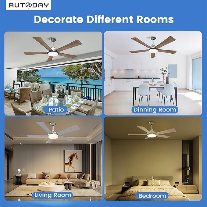 52 Inch Ceiling Fans with Lights and Remote/App Control - Nickel Ceiling Fan with Light, Quiet Reversible DC Motor, Dimmable Tri-Color LED, Modern Ceiling Fan for Bedroom/Patio, Indoor/Outdoor
