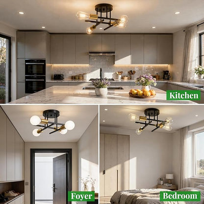 4-Light Sputnik Semi Flush Mount Ceiling Light, 5.9” Canopy, Modern Black and Gold Metal Chandelier, Close to Ceiling Light Fixture with E26 Base for Bedroom, Dining Room, Kitchen, Living Room