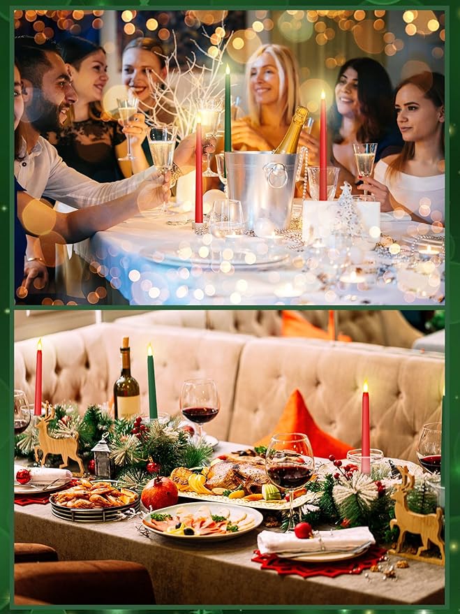 Treela 24 Pcs Flameless Taper Candles Battery Operated Bulk Fake Candles Light LED Candle Sticks Flickering Tapered for Easter Wedding Anniversary Decoration(Basic,10 Inch,Red,Green)