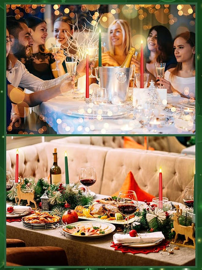 Treela 24 Pcs Flameless Taper Candles Battery Operated Bulk Fake Candles Light LED Candle Sticks Flickering Tapered for Easter Wedding Anniversary Decoration(Basic,10 Inch,Red,Green)