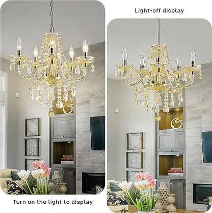 PAPAYA Plug-in 5 Light Gold Crystal Hanging Pendant Lights Acrylic Chandelier with Cord & On/Off Switch H19 D19.7 for Kitchen Island Girls' Room Dining Area Laundry Pavilion