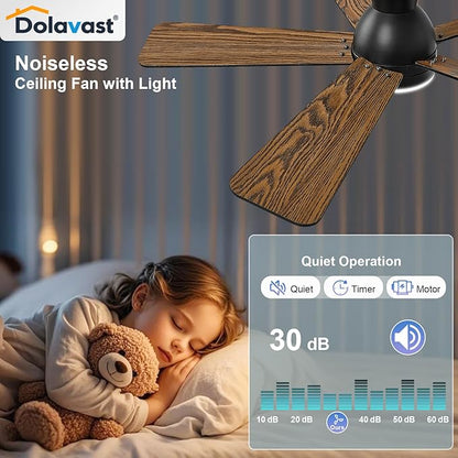 Ceiling Fans with Lights, 42 Inch Low Profile Ceiling Fan with Light and Remote Control, Flush Mount, Reversible, 3CCT, Dimmable LED, Quiet, Black Ceiling Fan for Bedroom, Kitchen