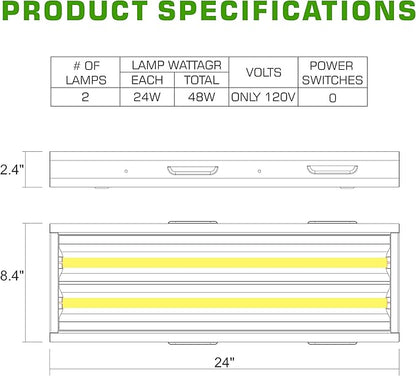 BloomGrow 2FT T-5 HO Fluorescent Lighting Kit 2-Bulb 24W 6500K Lamp Included for Indoor Growing T5 Grow Lights Fixtures