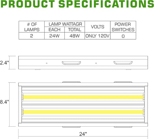 BloomGrow 2FT T-5 HO Fluorescent Lighting Kit 2-Bulb 24W 6500K Lamp Included for Indoor Growing T5 Grow Lights Fixtures
