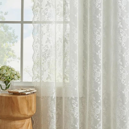 102 Inch Lace Curtains Set of 2 Panels, Country Rustic Leaf Floral Knitted Vintage Sheer Lace Curtains 102 Inches Long for Bedroom Living Room Rod Pocket Privacy Antique Ivory Lacy Curtains, 52x102 In