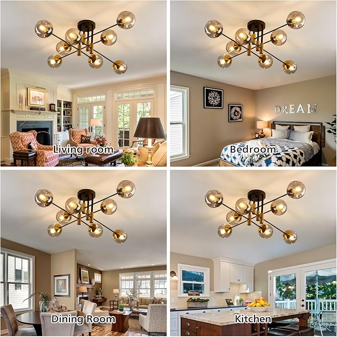 8 Light Glass Globe Ceiling Light Black and Gold Mid Century Flush Mount Sputnik Light Fixture Bubble Chandelier Living Room Farmhouse for Dining Room Kitchen Bedroom.