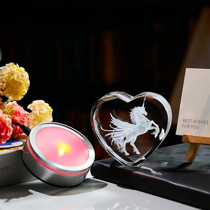 Qianwei Unicorn Gifts for Women 3D Crystal Heart - Laser Unicorn Decor Glass Animals Unicorn Gifts Figurines Statue Stuff for Room Decorations Unicorn Night Light