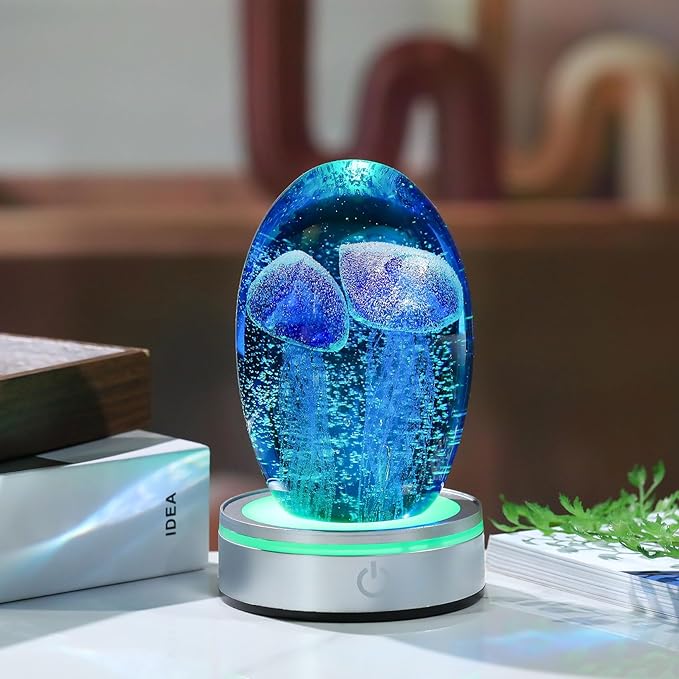 Hand Blown Glass Jellyfish Lamp - Ocean Themed Crystal Ball Desk Decor with LED Light, Aquarium & Beach Room Decoration, Collectible Figurine Paperweight Gift for Women (Blue)