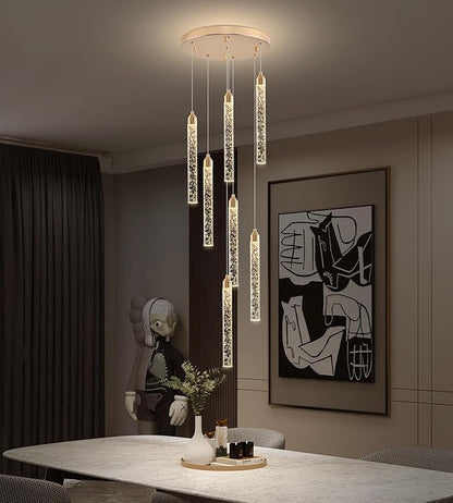 Crystal Staircase Chandelier, Modern Gold Spiral Dimmable LED Cluster Raindrop Foyer Chandelier Lighting, Bubble Living Room Hanging Light Fixture 7 Light Remote Control