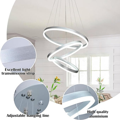 Modern Sliver Led Chandelier 3 Rings Pendant Lights Dimmable Chandeliers Color Temperature Height Adjustable Sliver Chandelier Led Pendant Light for Dining Room Bedroom Entryway Living Room