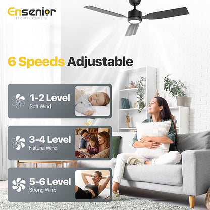 Ensenior 52 Inch Ceiling Fan with Light and Remote, Modern Black Ceiling Fans with 3 Reversible Wood Blades, Quiet DC Motor, 6-Speed, Memory Function, Farmhouse Ceiling Fan for Bedroom Living Room