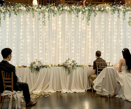 Ivory Tulle Backdrop Curtains with Lights String for Parites Wedding 20×10ft Ivory Sheer Backdrop Curtains for Baby Shower Birthday Party Photo Shoot Background Decorations(4 Panels 5ft×10ft)
